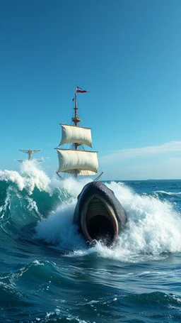 A giant Anaconda attacking a bigger than a sailing ship in the ocean among the wave
