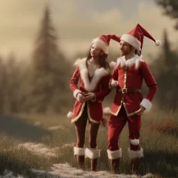 two elves. woman and man. Christmas scene. photorealistic. low-key