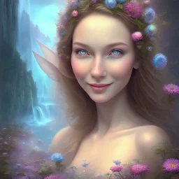 portrait de femme fée souriante, cascades, texture, qualité 8k, étoiles ,montagnes, nature, fleurs