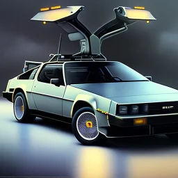 hyperrealism Drawing of '1981 DeLorean DMC-12' three quarter frontal aerial view, by gaston bussiere, greg rutkowski, yoji shinkawa, yoshitaka amano, tsutomu nihei, donato giancola, tim hildebrandt,oil on canvas, cinematic composition,Sharp detail,extreme detail,fit full head inside picture,16k