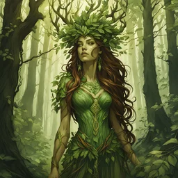 create a full body portrait of a forest dryad enchantress , with highly detailed, sharply lined facial features, in the deep forest of Brokilon , finely inked, in rustic colors, 4k in the style of Peter Mohrbacher