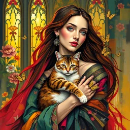 A vibrant, artistic portrait of a woman holding a cat, with rich, layered, and vivid colors. The woman is surrounded by flowing fabrics in bold hues, intricate floral patterns in the background, and dynamic brushstrokes that create a sense of movement. Add golden light filtering through stained-glass windows, delicate butterflies fluttering around, and abstract geometric shapes blending into the scene. The style is expressive, painterly, and immersive, evoking a sense of wonder and depth.