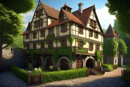 large medieval gothic inn, with a balcony, next to a sloping, cobbled road, surrounded by trees with dense foliage, photo-realistic