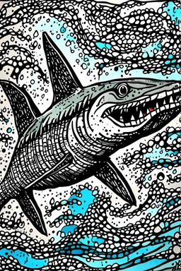 An art naive style drawing of a shark colored in free flowing liquid black inks