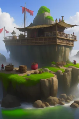 a pirate den builded on big rocks surrounded by myst