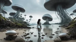 Wide-angle shot of a woman, standing on the right side of an alien beach, with dark hair in a silver robotic catsuit, lots of large floating mushrooms with long tentacles, alien jungle trees in the distance