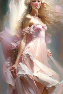 Spring goddess, Portrait of a full visible figure beautiful blond woman wearing a vaporous soft pink tulle dress, fully visible slender legs, beautiful face elegant extremely detailed intricate very attractive beautiful crisp quality Michelangelo Daniel Gerhartz