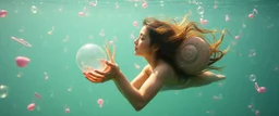 sweedish true yoga mind bending bubble gum as a young woman floating transparent music notes in the weirder universe in the ocean with the snail fish king