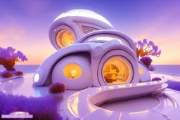 Interior room villa white and neon lights bright and colorful bright gloss effect of a futuristic house,like spaceship, light , natural round shapes concept, large transparent view of the open outdoor beach sea at sunset,crystals,light of sun,wisteria, hibiscus flowers, tropical flowers,