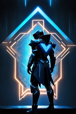 cyberpunk, neon blue, triangle of light floating behind the back, cyber armor, geometric patterns on an armor, male