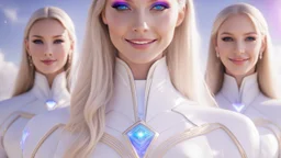 cosmic woman ,beautiful ufos rainbow, admiral from the future, galactic confédération, fine whole face, crystalline skin, expressive purple eyes,rainbow, smiling lips, very nice smile, costume pleiadian, Beautiful tall woman pleiadian Galactic commander, ship, perfect datailed golden galactic suit, high rank, long blond hair, hand whit five perfect detailed finger, amazing big puple eyes, mouth, high définition lips, cosmic happiness, bright colors