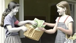 strung out girl receiving cash for her groceries to lady at house