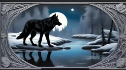Create a mesmerizing nocturnal tableau featuring a sleek black wolf poised at a tranquil pond nestled within an enchanted forest. The wolf, exuding an aura of regal grace, delicately sips from the crystalline waters under the gentle caress of moonlight, its silhouette a captivating dance against the darkened backdrop. The pond's mirror-like surface mirrors the celestial tapestry above, infusing the scene with an ethereal luminescence. The forest, cloaked in shadow, serves as a mystical embrace,