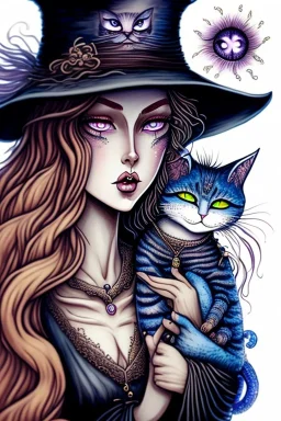 Cute friendly witch, playing with cute cats, perfect eyes, perfect iris, ink and pencil, style Elisabeth Kreitz