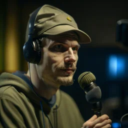 Aphalunj, norwegian rapper in silver gloden studio and with a tiny weird hat, young dark and handsome, with thick hairy eyebrows, and tiny mic, directing a debate, photo-realistic, shot on Hasselblad h6d-400c, zeiss prime lens, bokeh like f/0.8, tilt-shift lens 8k, high detail, smooth render, down-light, unreal engine, prize winning