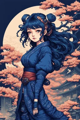 beautiful, cyberpunk, huge girl, petit girl, hyperdetailed, illustration by Katsushika Hokusai in 8bits, Pixel Art, darkblue tones,