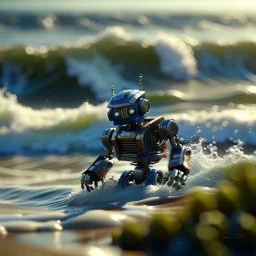 portrait of bot surfing the california waves, photo-realistic, shot on Hasselblad h6d-400c, zeiss prime lens, bokeh like f/0.8, tilt-shift lens 8k, high detail, smooth render, down-light, unreal engine, downlight