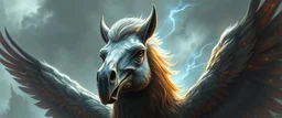 bird with horseface looks beyond really powerful, fantasy illustration