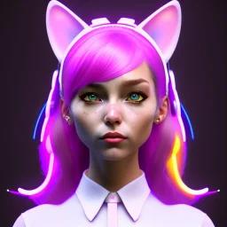 waitress teenager, cat ears headband, rounded face, pink hair, color cheeks, striped shirt, color ambient light, vibrant color, highly detailed, art stations, concept art, smooth, 16 bit, unreal engine 5, god rays, ray tracing, RTX, lumen lighting, ultra detail, volumetric lighting, 3d, finely drawn, high definition, high resolution.