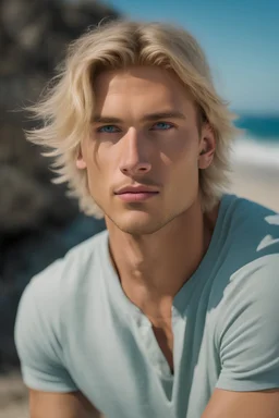 Perfect 25 year old blond man, amazing beauty, short blond hair, blue eyes like the sky, tall and strong body, male face, lost look on the beach looking at the sea