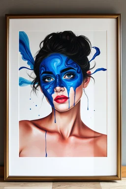 A beautiful young women painted with Liquid abstract blue painting,in side a large picture frame