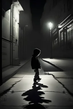 A boy playing on the street at midnight with his shadow