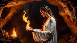 a sad woman with brown braided hair in profile in a scary cave, holding a flame in her palm in a white vintage long-sleeved nightgown, the inside of the cave is illuminated by the flame with yellow light,, close shot, detailed, high realistic, perfect photo, dramatic, dark fantasy