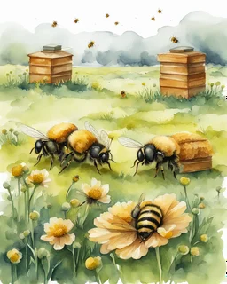 bees and hives on a green flower field, watercolor drawing