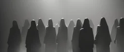 In this mysterious moment, an image emerges featuring a group of women joining a cultural gathering, where an air of secrecy shrouds their faces. The women engage in peculiar and intriguing rituals amidst a group of men, adding a layer of complexity to the scene. The interplay of lights and shadows plays a significant role in enhancing the dark and mysterious ambiance, with selective details illuminated to reveal the intertwining rituals. The women appear to move in harmony within this cultured