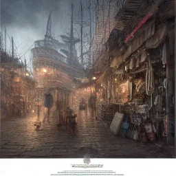 Insanely detailed photograph of an “artitcture plans of a city market at a shipyard” with intricate gears, intricate embroidered band, hyperdetailed painting by Ismail Inceoglu Huang Guangjian and Dan Witz CGSociety ZBrush Central fantasy art album cover art,8K, hdr, romantic, mysterious, ominous, flowers, jewelry, steam,oil,cafe,street vendor,steamship,D&D