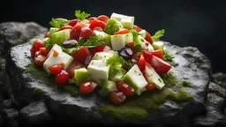 Greek salad,on a wet rock,moss,dark background,dramatic scene,