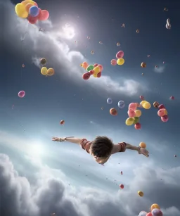 Ultra realistic speed clouds sky scene, wide angle view, strong men falling down with many Childs background, circus dress style, feather color, free jumping flying, many trinkets, hair monster, many jelly beans, balls, color smoke, smile, happy, extreme, wind, clouds sea, 20,000 feet altitude, stratosphere, soft color, highly detailed, unreal engine 5, ray tracing, RTX, lumen lighting, ultra detail, volumetric lighting, 3d, finely drawn, high definition, high resolution.