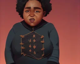 Portrait of a fat sweet 9 year old cute black kid witch with busy dark curly hair by Jim Kay