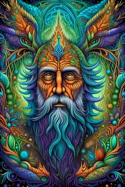 Create a portrait of a psychedelic entity, demi-god seen during a DMT trip, with caleidoscopic high dimensional facial structure, noble ornaments, many lizard eyes, a benevolent wise guide offering advice. Numerous birds nesting within his long beard. tree in the background