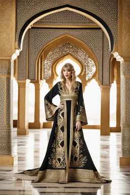 beautiful Taylor swift wearing islamic culture black Moroccan caftan 4k golden patterns high qualité