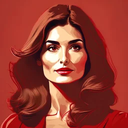 Illustration of a beautiful 30 year old Turkish woman with brown hair, front view, red background