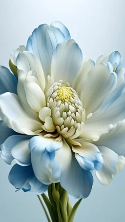 Create a detailed digital illustration of a parrot tulip in soft and abstract style. The background should be composed of blue petals that gradually transition to a creamy butter-colored center, with the petal tips delicately tinted in a noble, pale blue. The transitions between colors should be seamless and smooth, with no sharp edges, giving the petals an ethereal, veil-like, silky appearance. Focus on capturing the soft texture and gentle flow of the tulip petals, creating a dreamy and elegan