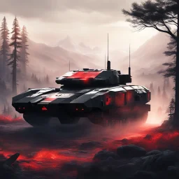 Visualize an incredible (((futuristic Metal Gear Solid Armored Tank))), standing ominously amidst a vast, untamed wilderness that surrounds it. The environment is bathed in a soft, ethereal glow that perfectly complements the tank's powerful form, with its iconic red, white, and black color scheme standing out against the gentle backdrop