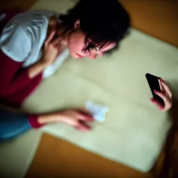 depressed woman typing at a smartphone laying on the floor of a dark bedroom impressionism