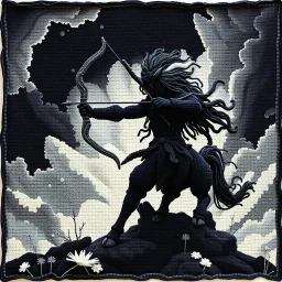 crochet yarn art, quilt depicting a Male Centaur aiming a bow and arrow in a fantastical setting, extreme contrast, concept art, stunning, dramatic, intricate details, reminiscent of the stylized concept art of Ash Thorp, showcasing the beauty of crochet