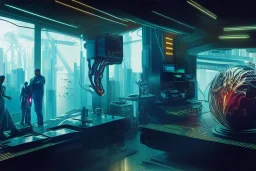 ( cyberpunk 2077, bladerunner 2049 ), a complex thick bifurcated robotic cnc surgical arm cybernetic symbiosis hybrid mri 3d printer machine making a bio chemical lab, art by artgerm and greg rutkowski and alphonse mucha, biomechanical, lens orbs, global illumination, lounge, architectural, f 32