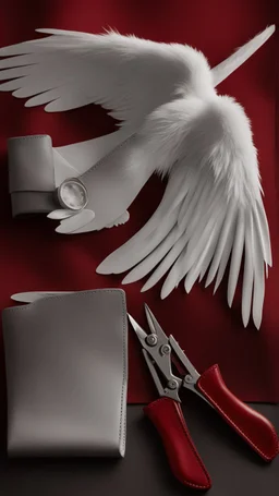 White clipped wings on a red fabric, next to scissors and black leather gloves. Cinematic image