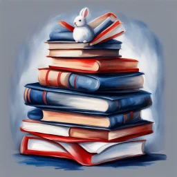 Hand drawn illustration, oil painting, in the style of Easter illustrations, midnight blue and red, stack of books with airbrush tape, white background only