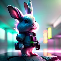 pixar style anamorphic cute cyberpunk rabbit baby, smiling, full body, magenta puffer jacket, manila city backdrop, hyper realistic, unreal engine 5, 16k