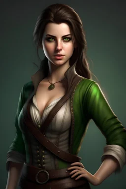 A full-body photorealistic portrait of a sexy 25-year-old female rogue. She has a beatiful face, brown hair that is very long, and green eyes. She is standing. Ultra wide full-body shot focused on the face. Fantasy setting.