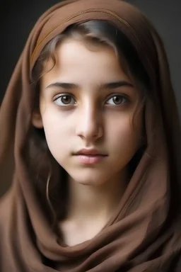فتاة ترتدي حجاب و خمار بني و قصيرة و وجهها دائري وعيناها بنيتان و انفها صغير وشاربها صغير