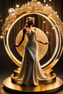 A magnificent golden and silver heart-shaped sign adorned with a stunning golden sphere encrusted with sparkling diamond clusters at its center, elegantly spinning in position,a girl golden statue standing pose