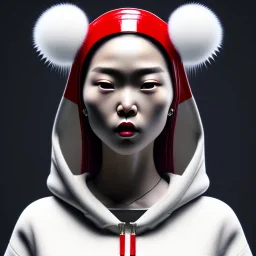 Japanese woman, rounded face, bubble gum, circle, silver, white, red, hoodie, feathers, retro, latex, leather, soft color, highly detailed, art stations, concept art, smooth, unreal engine 5, god rays, ray tracing, RTX, lumen lighting, ultra detail, volumetric lighting, 3d, finely drawn, high definition, high resolution, neon background.