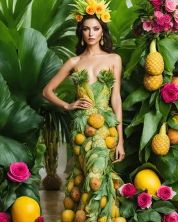 📷🍓💃 length image full body sweet pose pretty woman super model wearing a beautiful high details natural beuty color unique gown costume made of elements varieties tropical fruits pineapple,bananas,full background green leaves and variaties roses,orchids flowers background