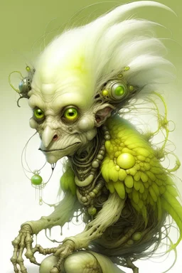 Artist Jean-Baptiste Monge style. A mechanical humanoid pale yellow filament-creature. White furry liquid tendrils. White eyes.